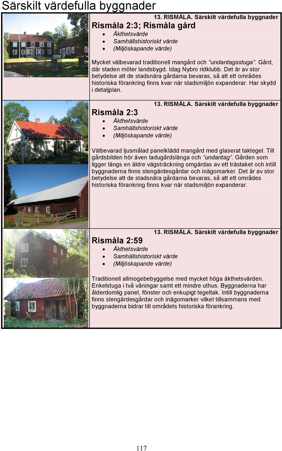 Rismåla 2:3 () 13. RISMÅLA. Särskilt värdefulla byggnader Välbevarad ljusmålad panelklädd mangård med glaserat taktegel. Till gårdsbilden hör även ladugårdslänga och undantag.