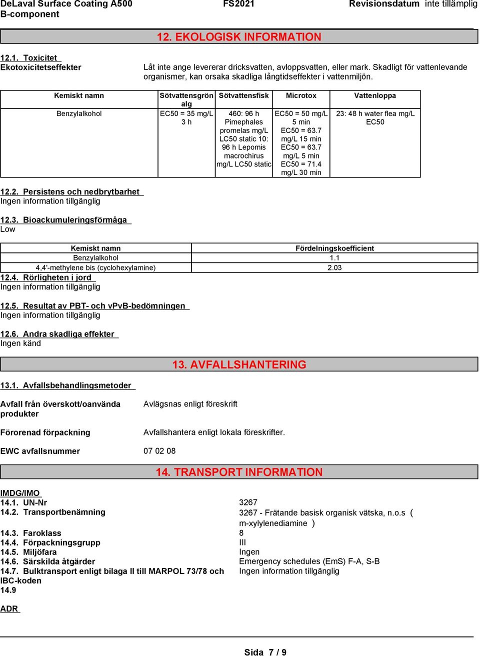 Sötvattensgrön alg Sötvattensfisk Microtox Vattenloppa EC50 = 35 mg/l 23: 48 h water flea mg/l 3 h EC50 460: 96 h Pimephales promelas mg/l LC50 static 10: 96 h Lepomis macrochirus mg/l LC50 static