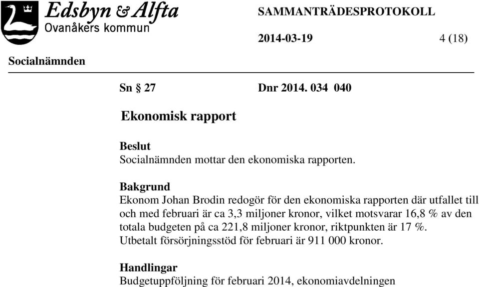 miljoner kronor, vilket motsvarar 16,8 % av den totala budgeten på ca 221,8 miljoner kronor, riktpunkten är 17 %.