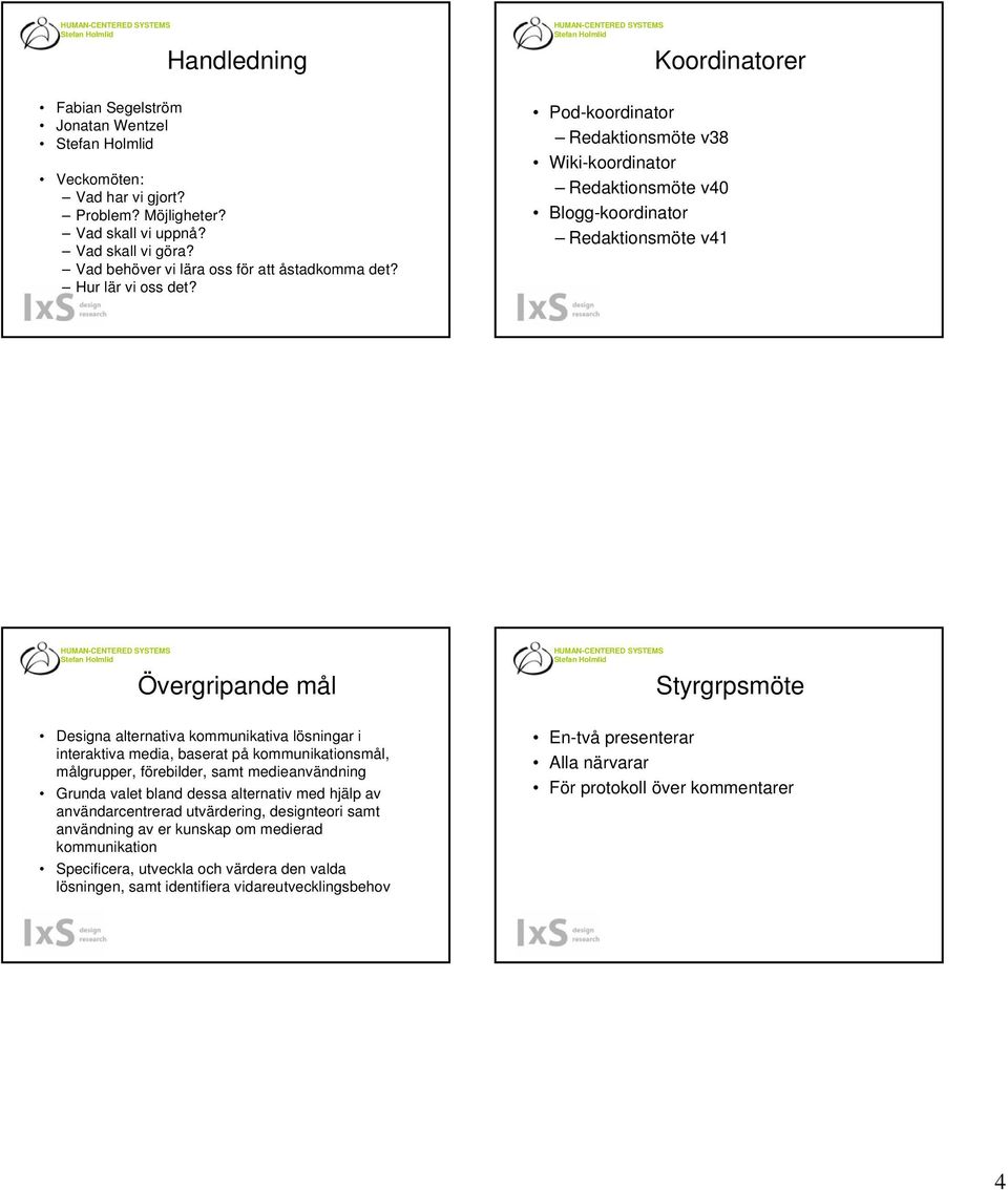 Pod-koordinator Redaktionsmöte v38 Wiki-koordinator Redaktionsmöte v40 Blogg-koordinator Redaktionsmöte v41 Övergripande mål Styrgrpsmöte Designa alternativa kommunikativa lösningar i interaktiva