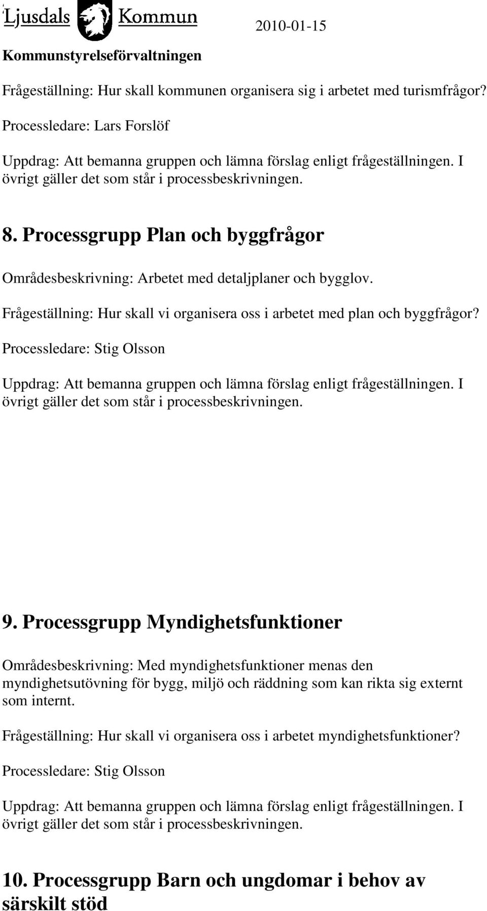 Frågeställning: Hur skall vi organisera oss i arbetet med plan och byggfrågor? Processledare: Stig Olsson 9.