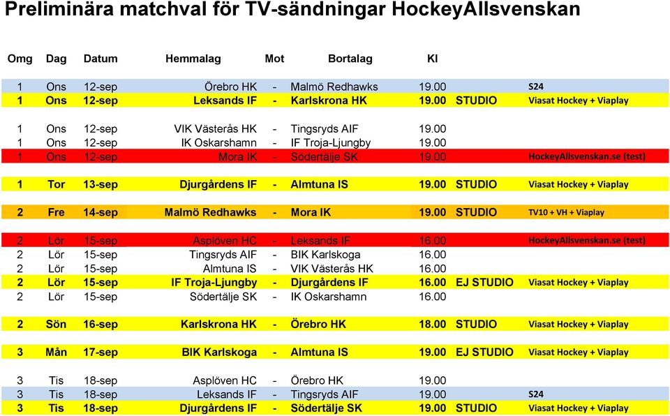 se (test) 1 Tor 13-sep Djurgårdens IF - Almtuna IS 19.00 STUDIO Viasat Hockey + Viaplay 2 Fre 14-sep Malmö Redhawks - Mora IK 19.