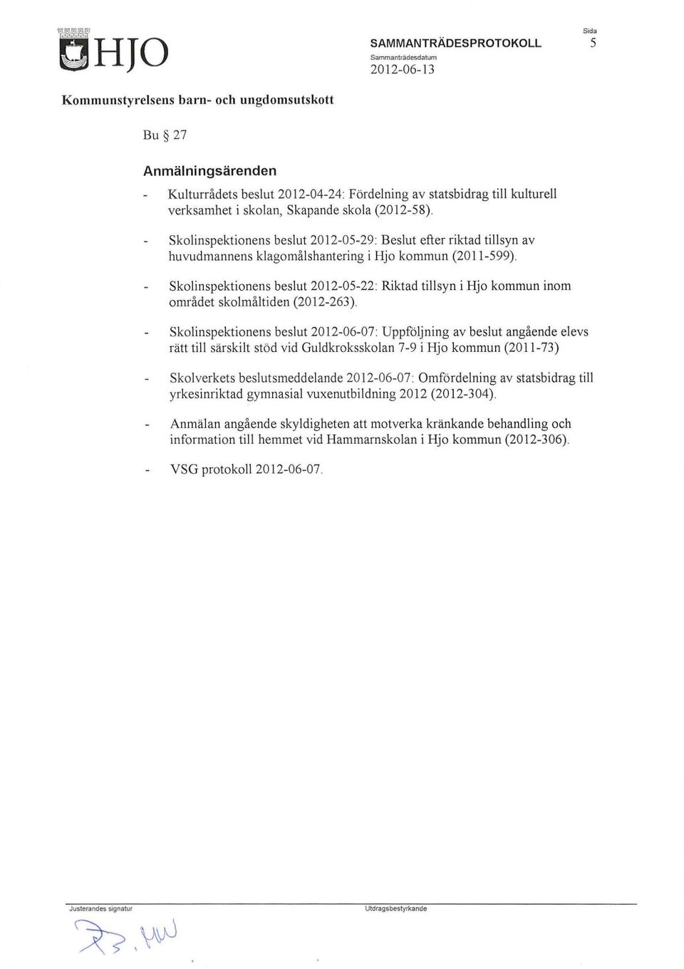skolinspektionens beslut 2012-05-22: Riktad tillsyn i Hjo kommun inom området skolmåltiden (2012-263).