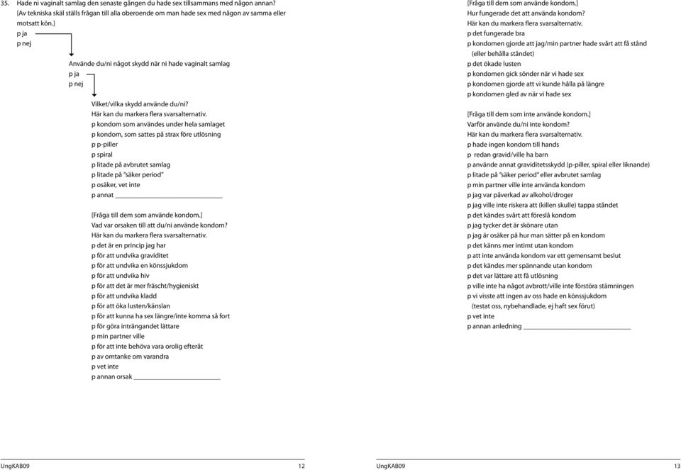 p kondom som användes under hela samlaget p kondom, som sattes på strax före utlösning p p-piller p spiral p litade på avbrutet samlag p litade på säker period p osäker, vet inte [Fråga till dem som