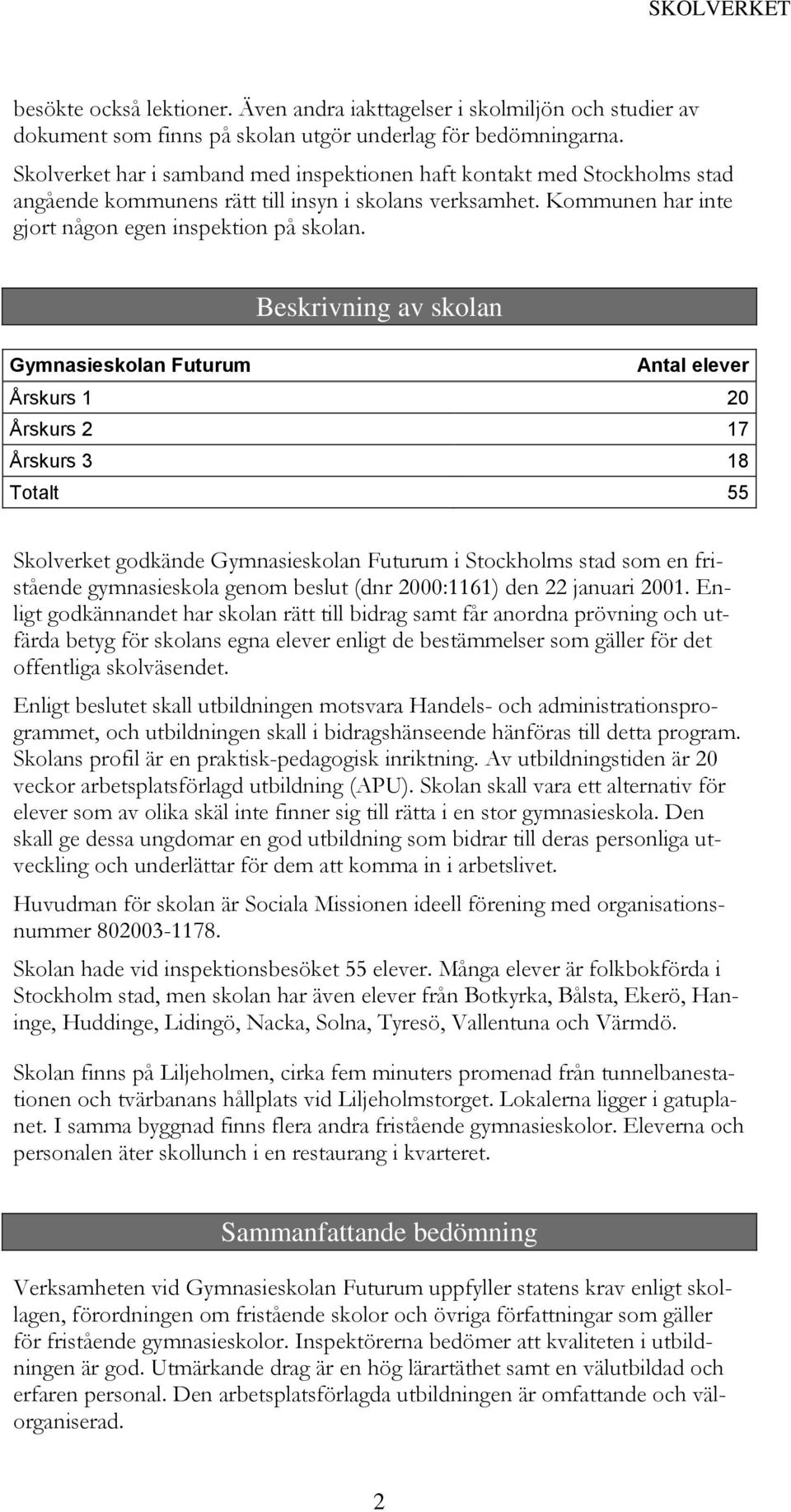 Beskrivning av skolan Gymnasieskolan Futurum Antal elever Årskurs 1 20 Årskurs 2 17 Årskurs 3 18 Totalt 55 Skolverket godkände Gymnasieskolan Futurum i Stockholms stad som en fristående gymnasieskola