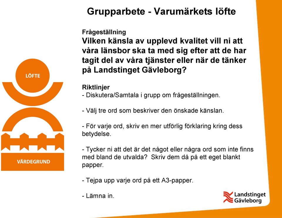 - Välj tre ord som beskriver den önskade känslan. - För varje ord, skriv en mer utförlig förklaring kring dess betydelse.