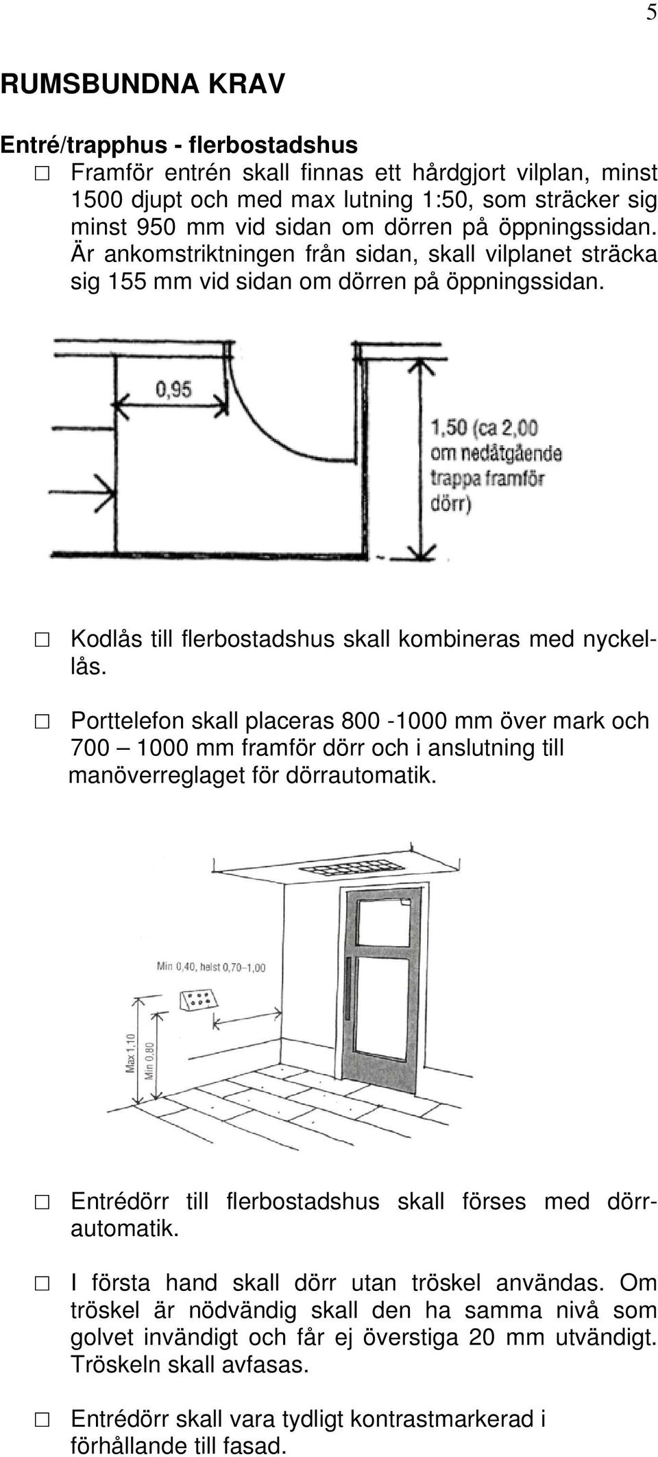 Porttelefon skall placeras 800-1000 mm över mark och 700 1000 mm framför dörr och i anslutning till manöverreglaget för dörrautomatik. Entrédörr till flerbostadshus skall förses med dörrautomatik.