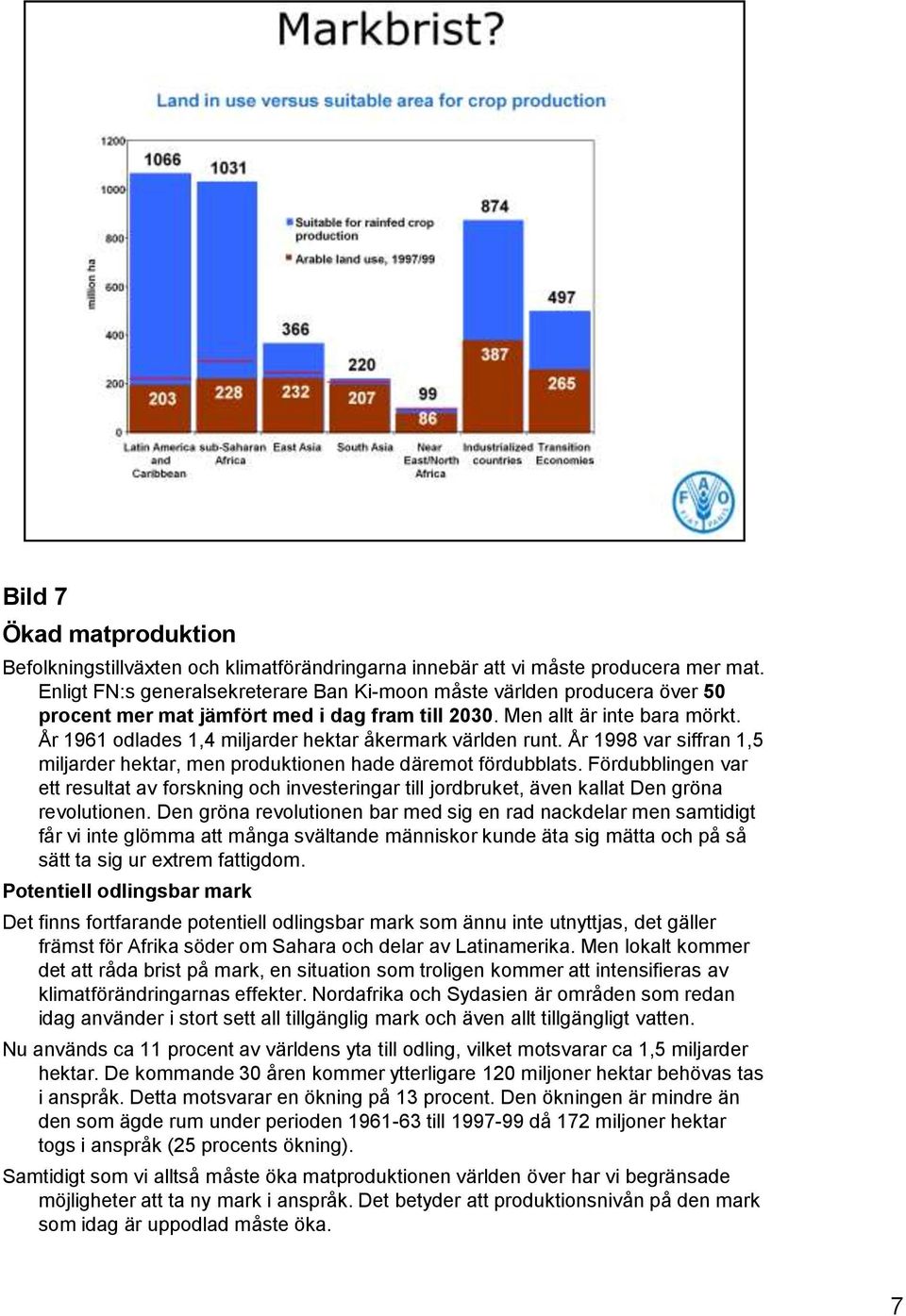 År 1961 odlades 1,4 miljarder hektar åkermark världen runt. År 1998 var siffran 1,5 miljarder hektar, men produktionen hade däremot fördubblats.