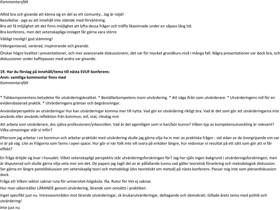 Bra konferens, men det vetenskapliga inslaget får gärna vara större Väldigt trevligt! god stämning! Välorganiserad, varierad, inspirerande och givande.