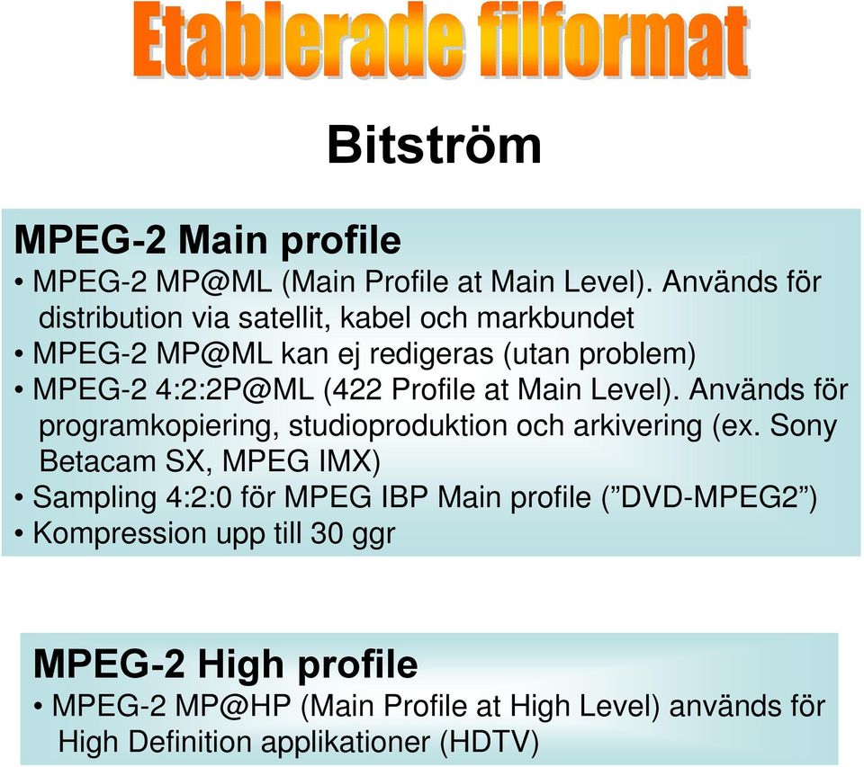 Profile at Main Level). Används för programkopiering, studioproduktion och arkivering (ex.