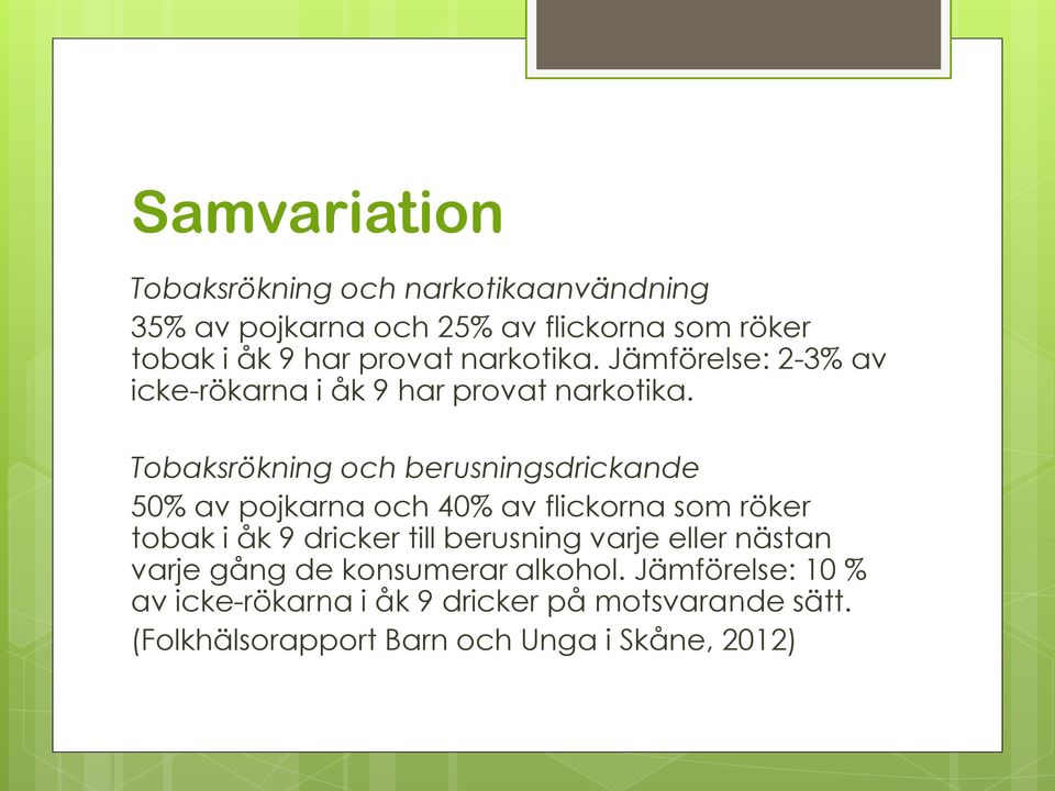 Tobaksrökning och berusningsdrickande 50% av pojkarna och 40% av flickorna som röker tobak i åk 9 dricker till berusning