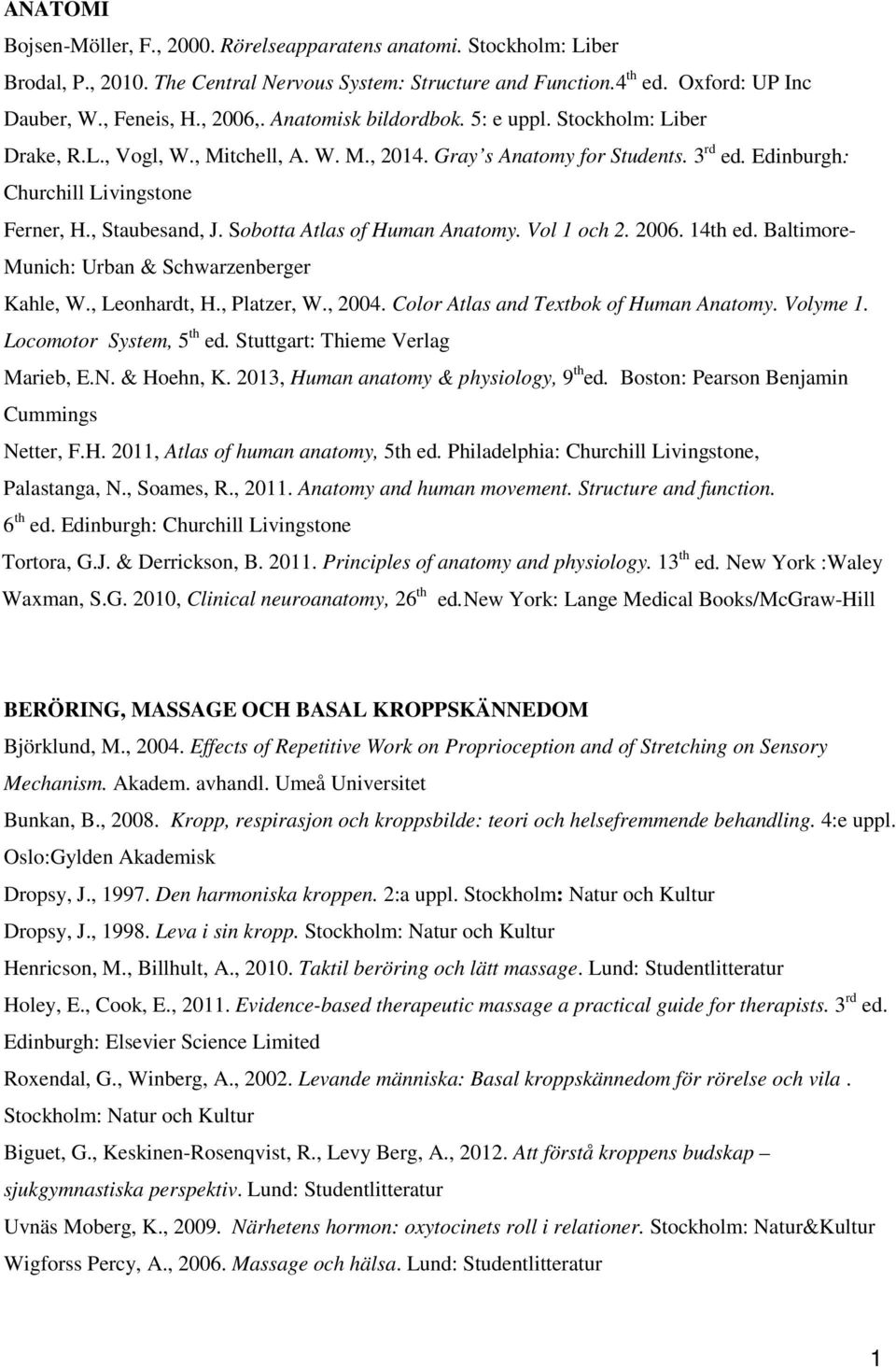 Sobotta Atlas of Human Anatomy. Vol 1 och 2. 2006. 14th ed. Baltimore- Munich: Urban & Schwarzenberger Kahle, W., Leonhardt, H., Platzer, W., 2004. Color Atlas and Textbok of Human Anatomy. Volyme 1.