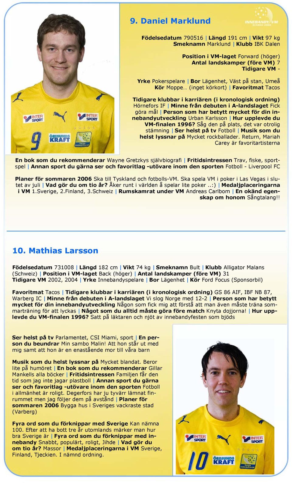 har betytt mycket för din innebandyutveckling Urban Karlsson Hur upplevde du VM-finalen 1996?