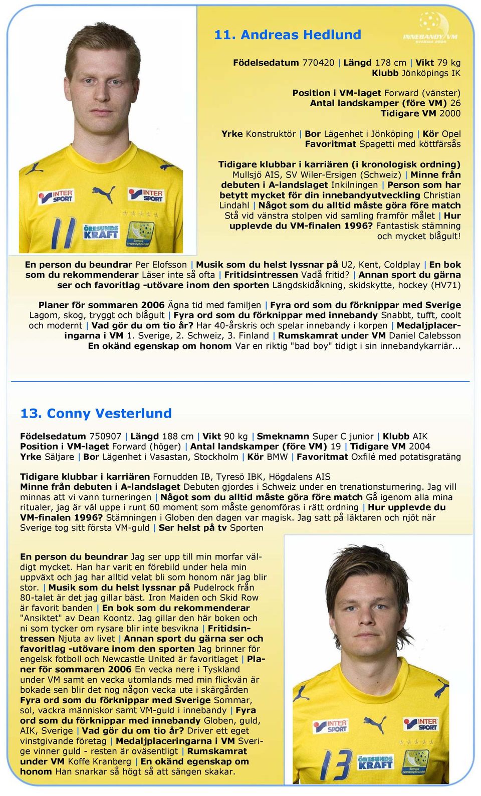 Person som har betytt mycket för din innebandyutveckling Christian Lindahl Något som du alltid måste göra före match Stå vid vänstra stolpen vid samling framför målet Hur upplevde du VM-finalen 1996?