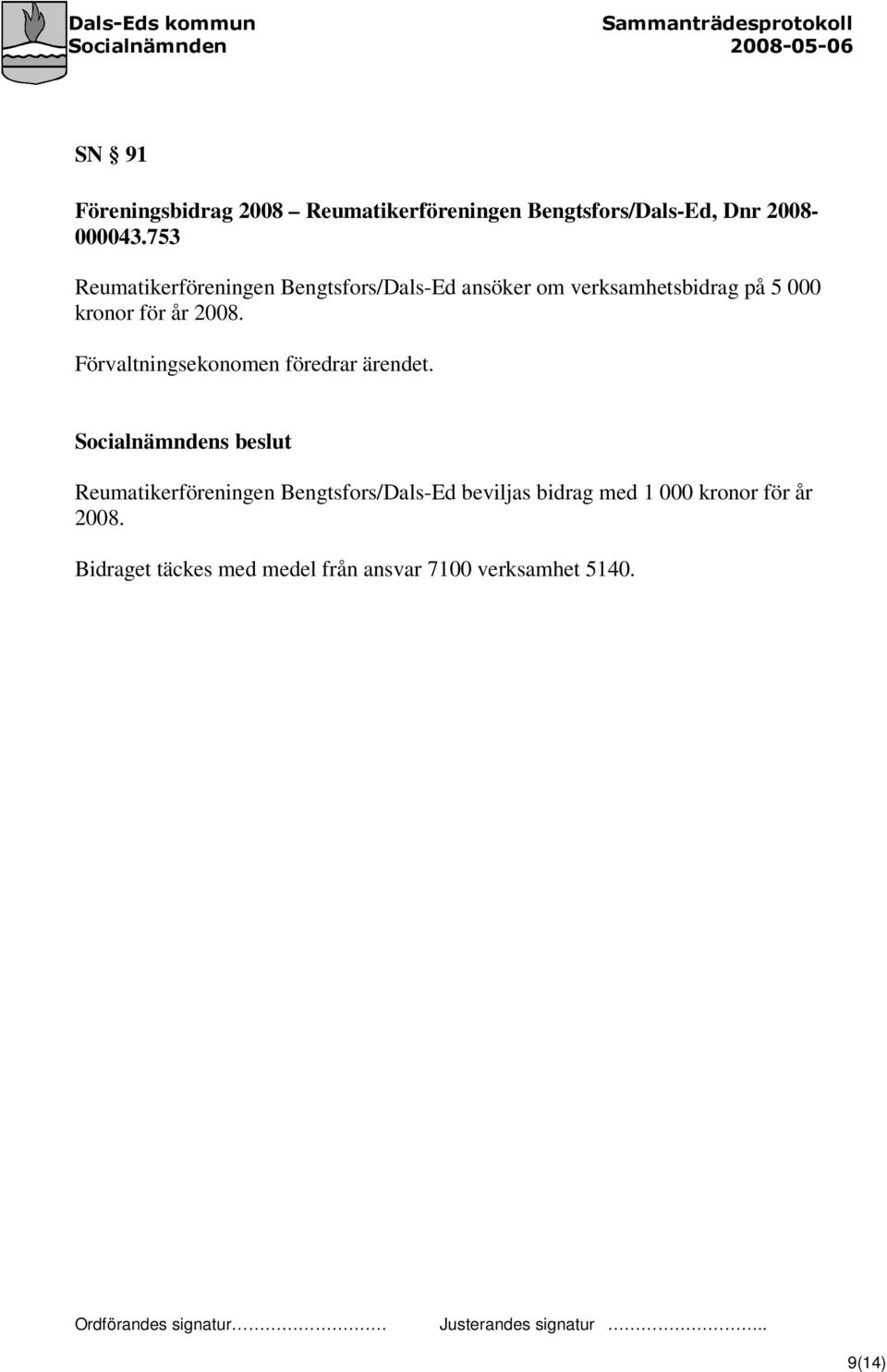 år 2008. Förvaltningsekonomen föredrar ärendet.