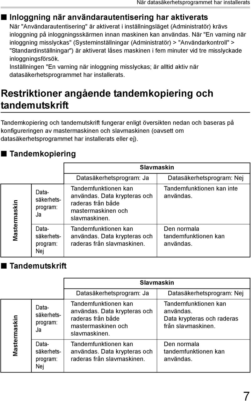 När "En varning när inloggning misslyckas" (Systeminställningar (Administratör) > "Användarkontroll" > "Standardinställningar") är aktiverat låses maskinen i fem minuter vid tre misslyckade