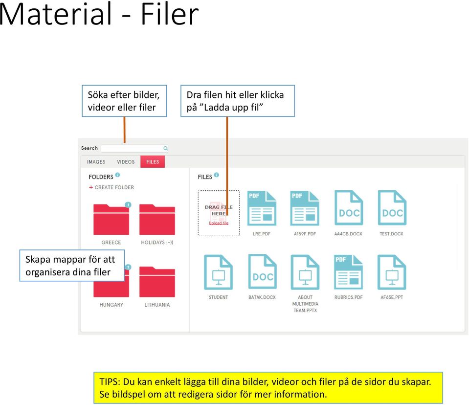 filer TIPS: Du kan enkelt lägga till dina bilder, videor och filer på