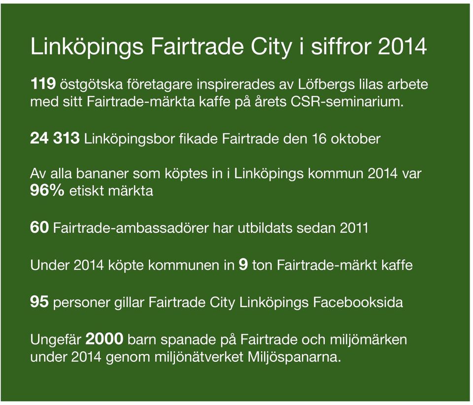 24 313 Linköpingsbor fikade Fairtrade den 16 oktober Av alla bananer som köptes in i Linköpings kommun 2014 var 96% etiskt märkta 60
