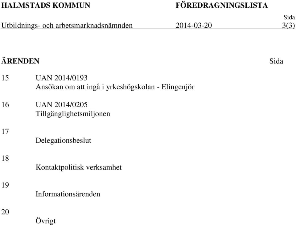 Ansökan om att ingå i yrkeshögskolan - Elingenjör 16 UAN 2014/0205