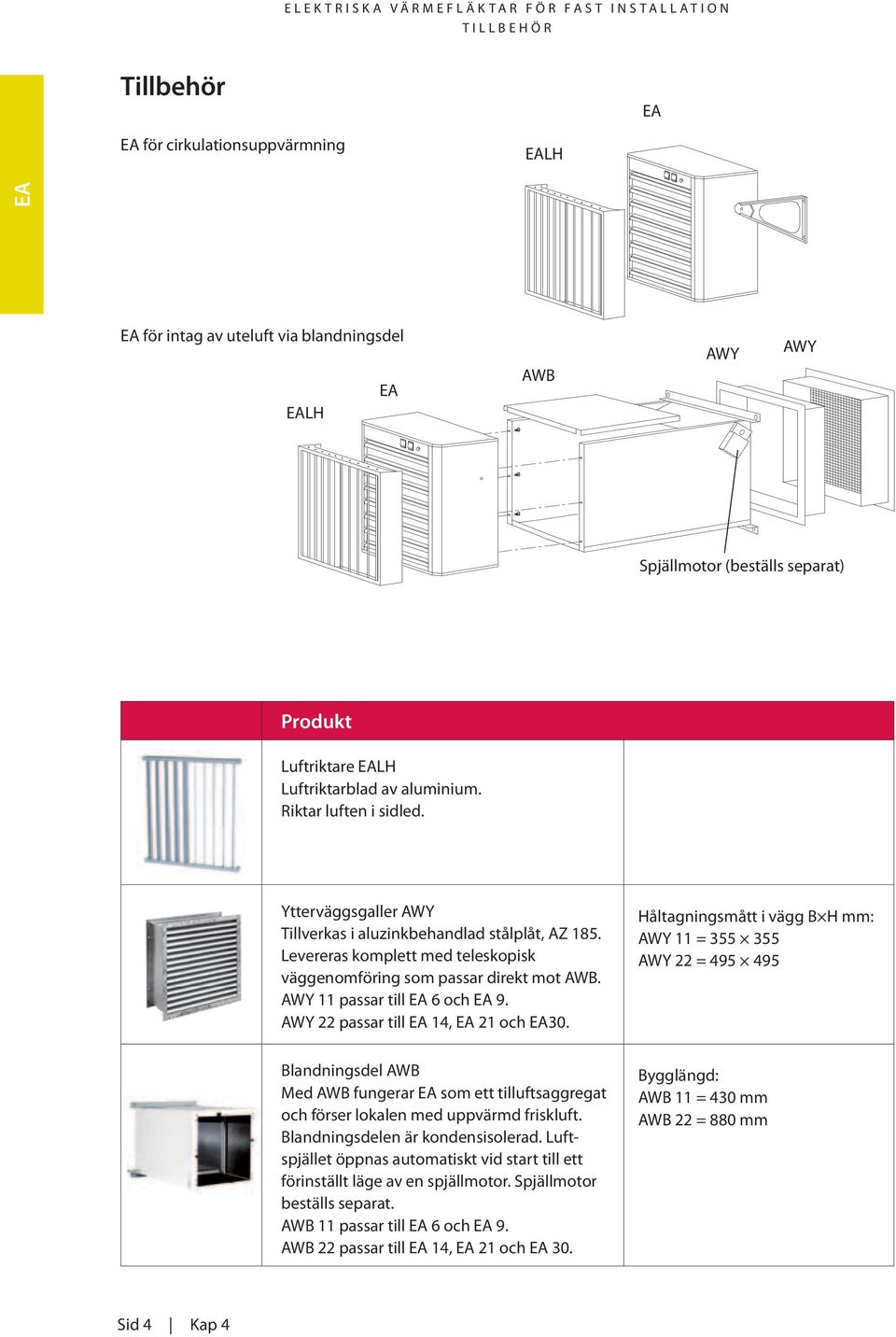 Levereras komplett med teleskopisk väggenomföring som passar direkt mot AWB. AWY 11 passar till EA 6 och EA 9. AWY 22 passar till EA 14, EA 21 och EA30.