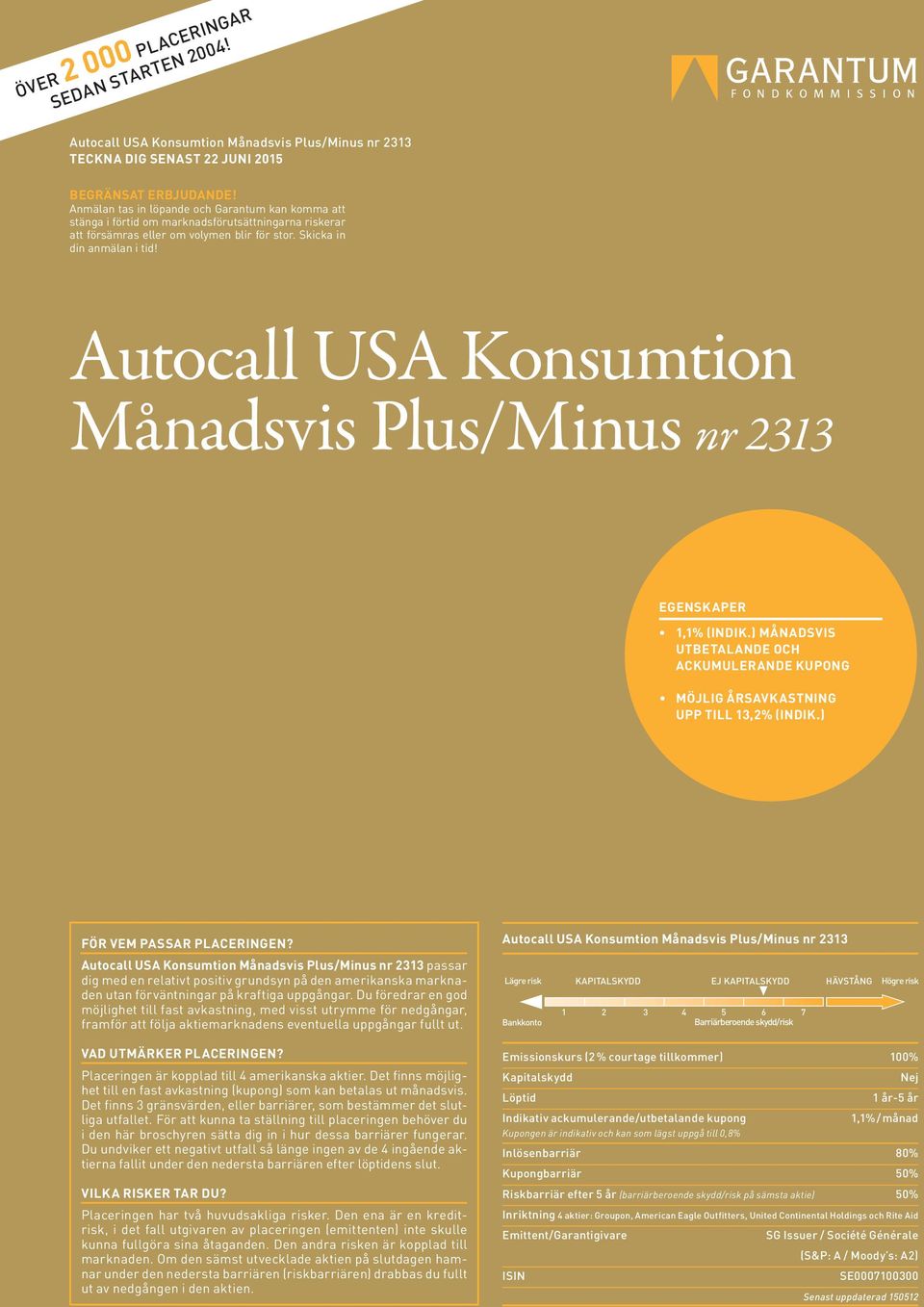 Autocall USA Konsumtion Månadsvis Plus/Minus nr 2313 EGENSKAPER 1,1% (INDIK.) MÅNADSVIS UTBETALANDE OCH ACKUMULERANDE KUPONG MÖJLIG ÅRSAVKASTNING UPP TILL 13,2% (INDIK.) FÖR VEM PASSAR PLACERINGEN?
