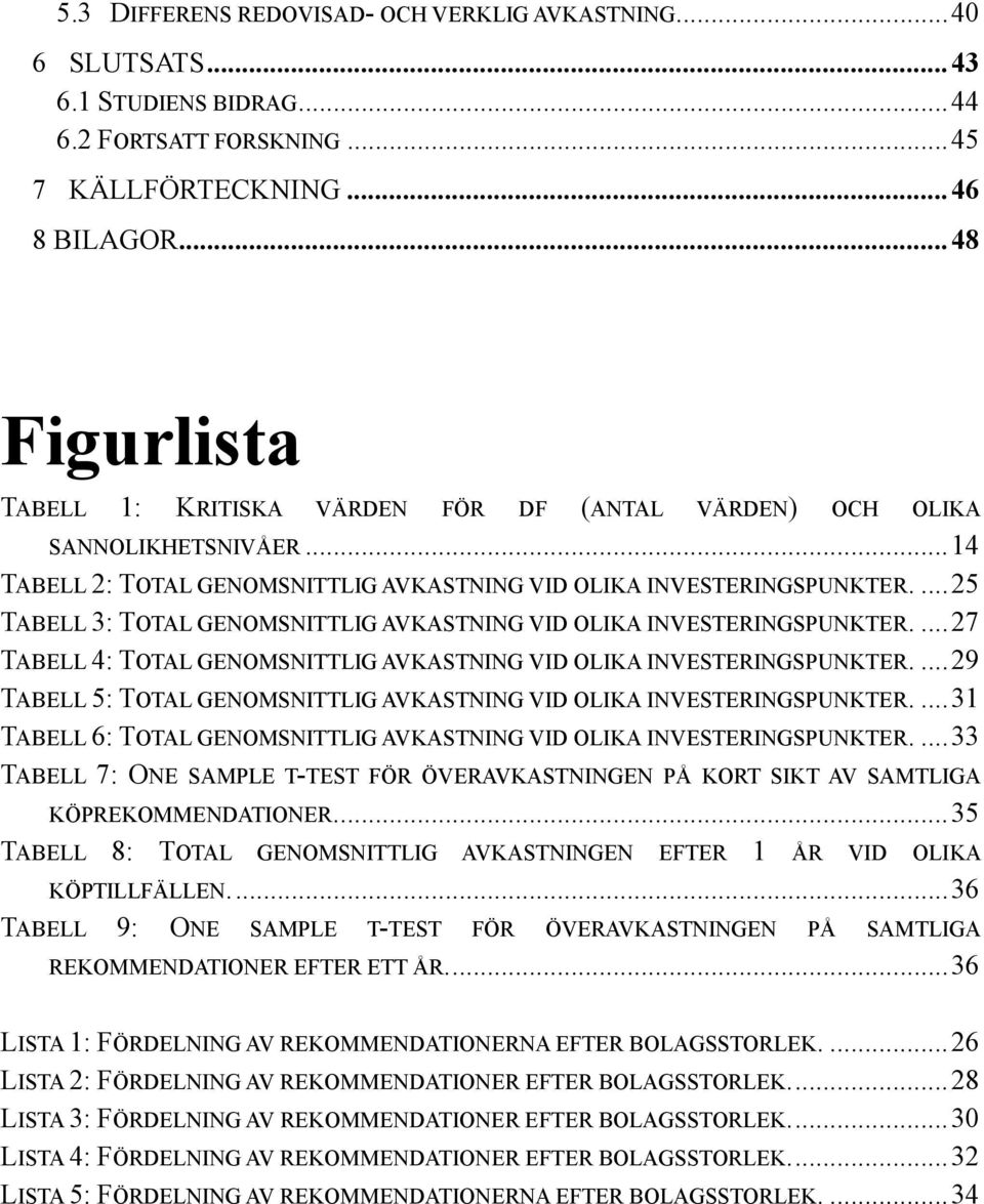 ... 25 TABELL 3: TOTAL GENOMSNITTLIG AVKASTNING VID OLIKA INVESTERINGSPUNKTER.... 27 TABELL 4: TOTAL GENOMSNITTLIG AVKASTNING VID OLIKA INVESTERINGSPUNKTER.