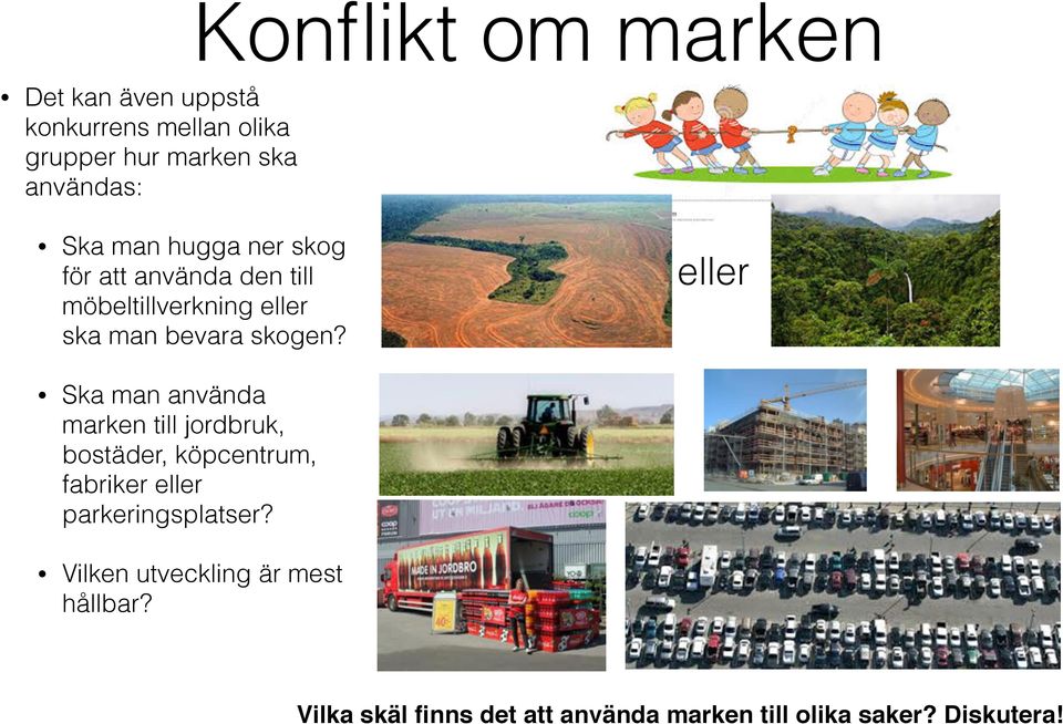 eller Ska man använda marken till jordbruk, bostäder, köpcentrum, fabriker eller parkeringsplatser?
