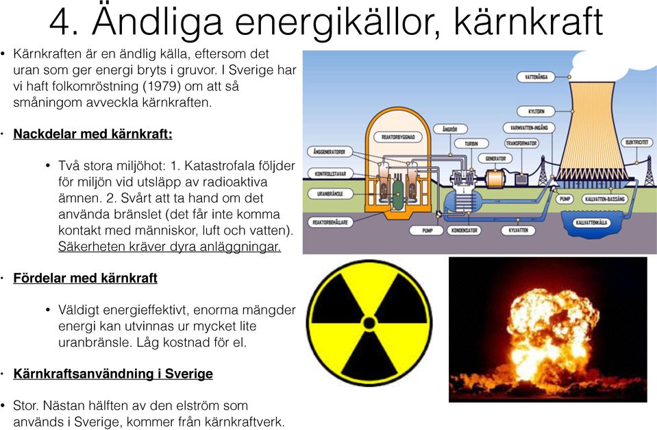 Katastrofala följder för miljön vid utsläpp av radioaktiva ämnen. 2. Svårt att ta hand om det använda bränslet (det får inte komma kontakt med människor, luft och vatten).