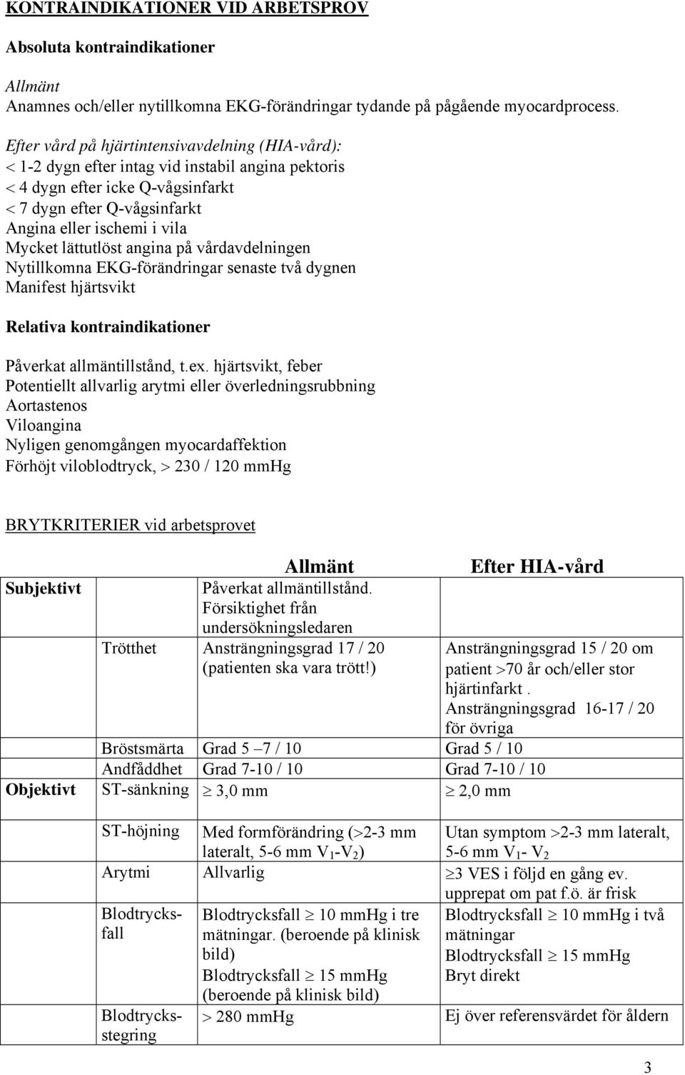 lättutlöst angina på vårdavdelningen Nytillkomna EKG-förändringar senaste två dygnen Manifest hjärtsvikt Relativa kontraindikationer Påverkat allmäntillstånd, t.ex.