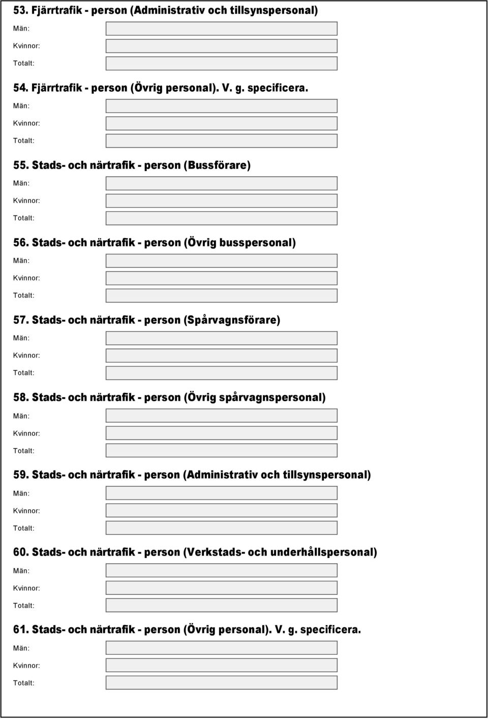 Stads och närtrafik person (Spårvagnsförare) 58. Stads och närtrafik person (Övrig spårvagnspersonal) 59.