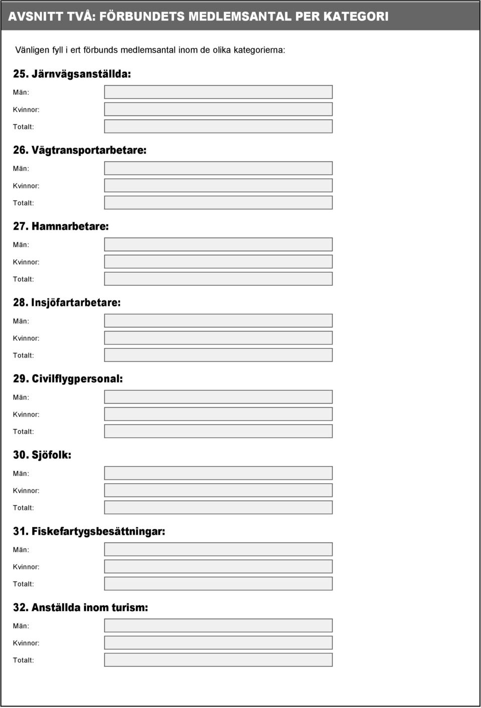 Vägtransportarbetare: 27. Hamnarbetare: 28. Insjöfartarbetare: 29.