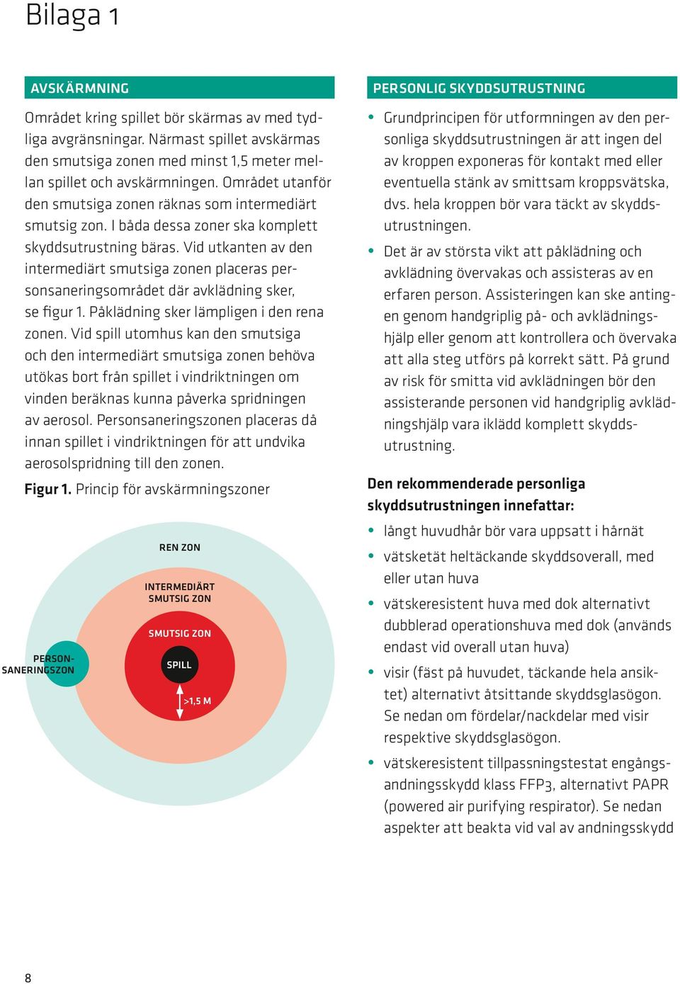 Vid utkanten av den intermediärt smutsiga zonen placeras personsaneringsområdet där avklädning sker, se figur 1. Påklädning sker lämpligen i den rena zonen.