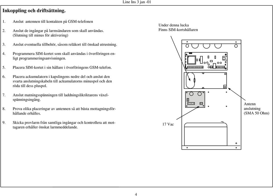 Programmera SIM-kortet som skall användas i överföringen enligt programmeringsanvisningen. 5. Placera SIM-kortet i sin hållare i överföringens GSM-telefon. 6.