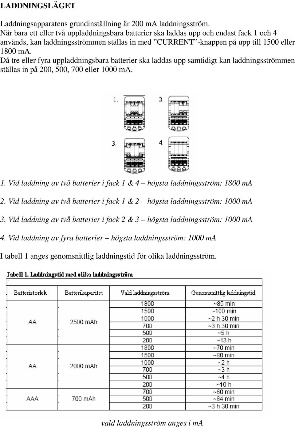 Då tre eller fyra uppladdningsbara batterier ska laddas upp samtidigt kan laddningsströmmen ställas in på 200, 500, 700 eller 10