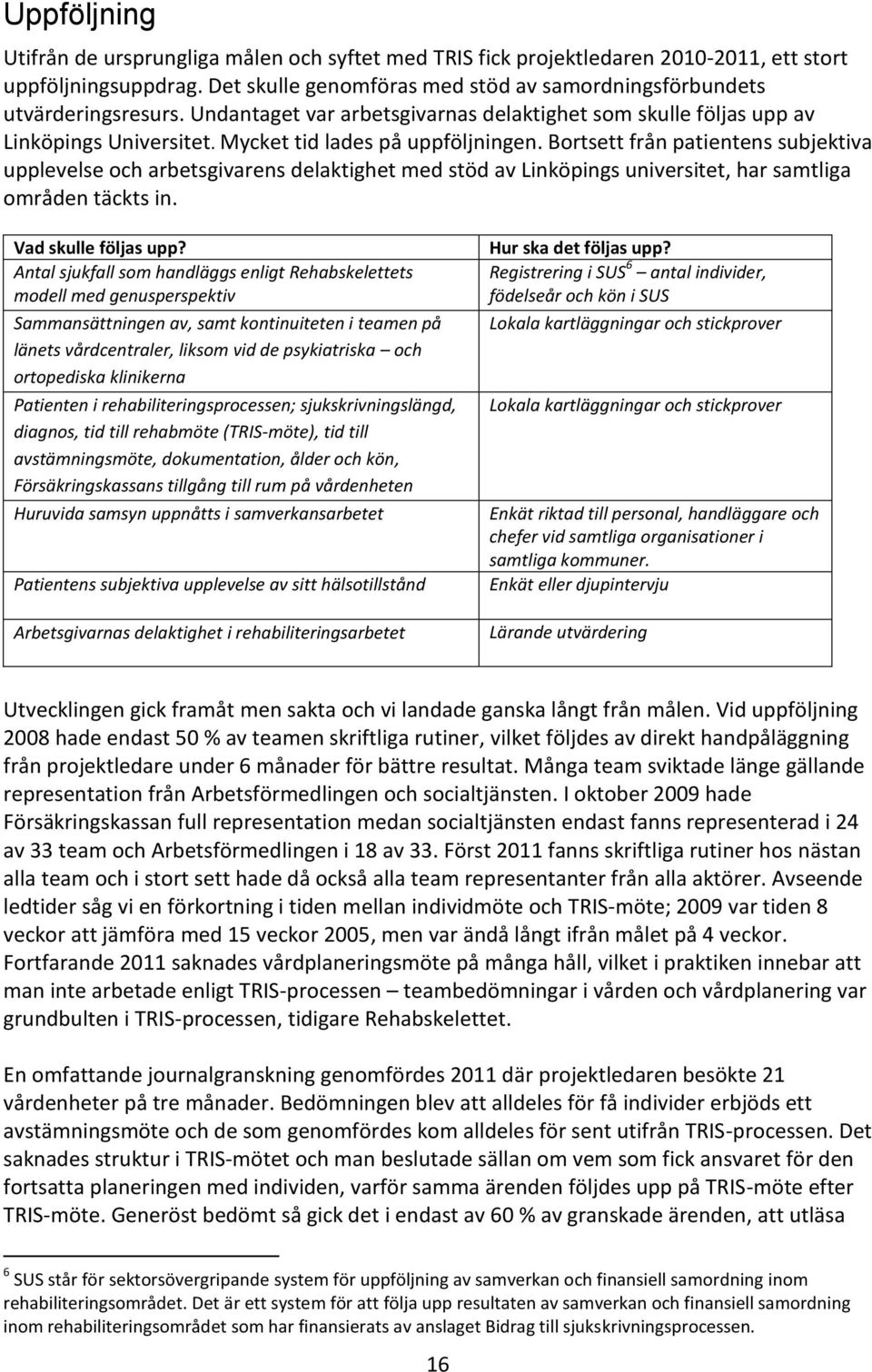Bortsett från patientens subjektiva upplevelse och arbetsgivarens delaktighet med stöd av Linköpings universitet, har samtliga områden täckts in. Vad skulle följas upp?