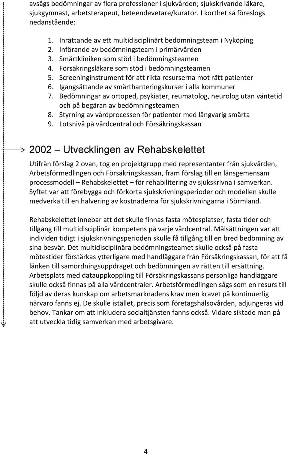 Försäkringsläkare som stöd i bedömningsteamen 5. Screeninginstrument för att rikta resurserna mot rätt patienter 6. Igångsättande av smärthanteringskurser i alla kommuner 7.