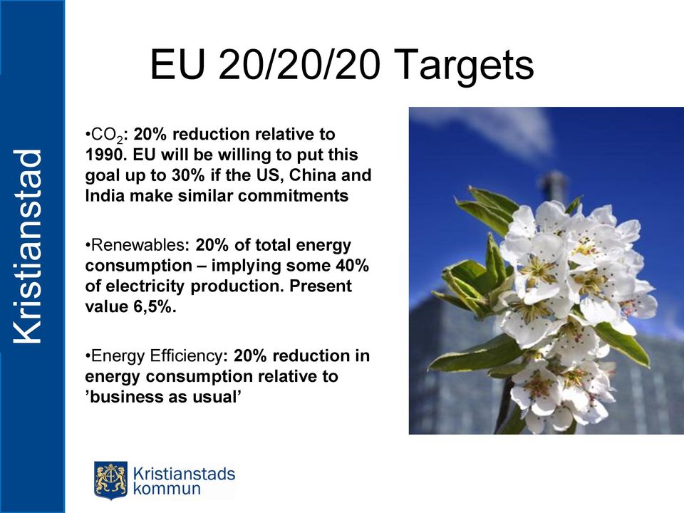 commitments Renewables: 20% of total energy consumption implying some 40% of