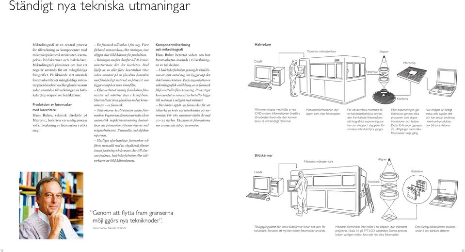 På liknande sätt används fotomasker för att mångfaldiga mönster på en kiselskiva eller glasskiva som sedan används i tillverkningen av halvledarchip respektive bildskärmar.