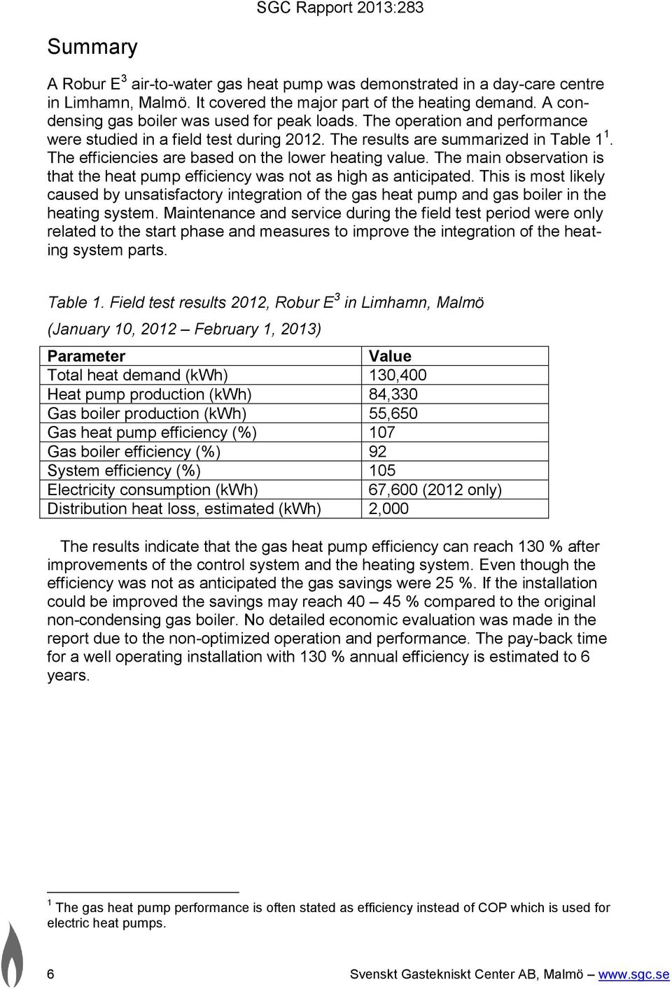 The efficiencies are based on the lower heating value. The main observation is that the heat pump efficiency was not as high as anticipated.