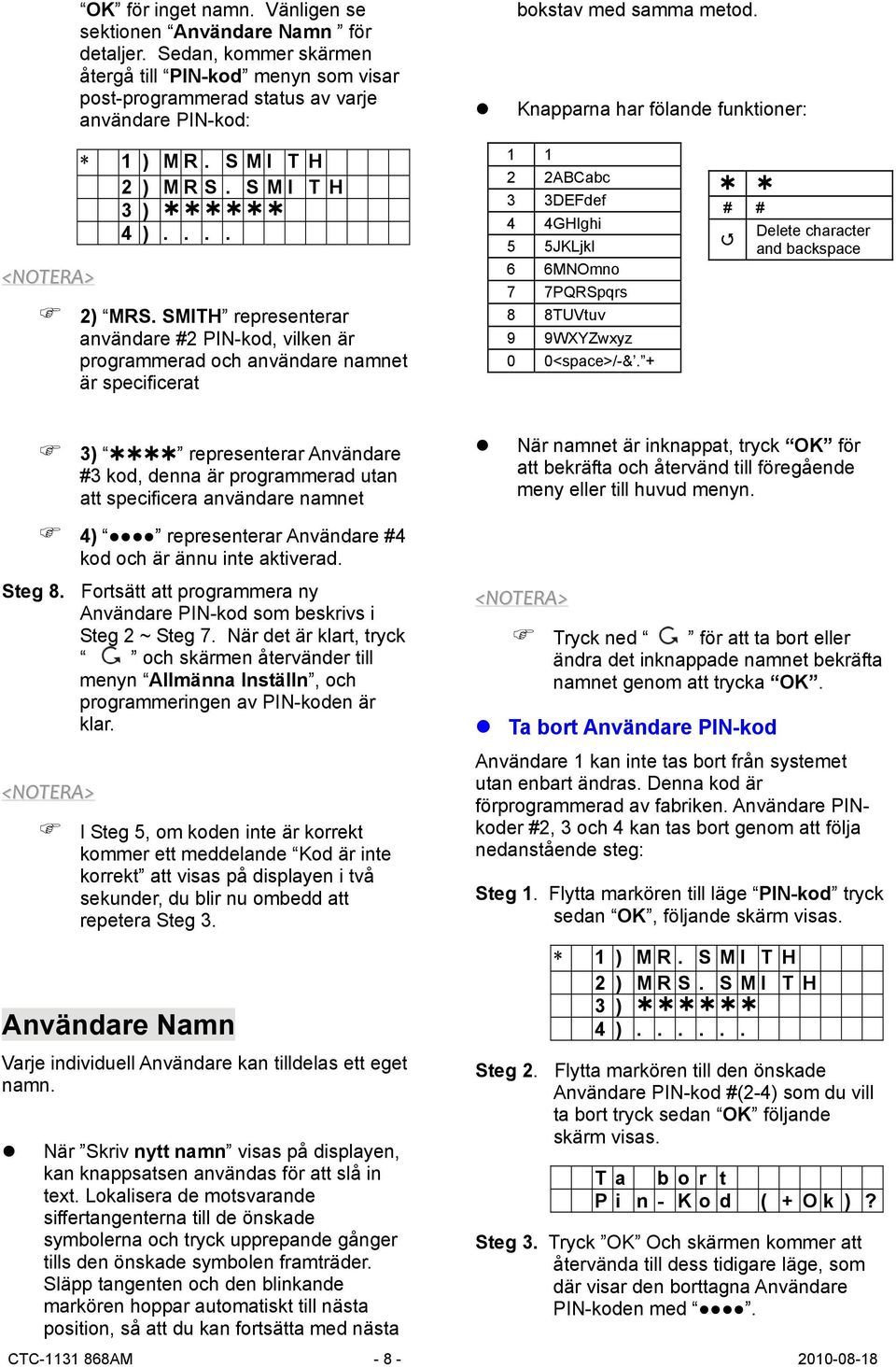 Knapparna har fölande funktioner: 1 1 2 2ABCabc 3 3DEFdef # # 4 4GHIghi Delete character 5 5JKLjkl and backspace 6 6MNOmno 7 7PQRSpqrs 8 8TUVtuv 9 9WXYZwxyz 0 0<space>/-&.