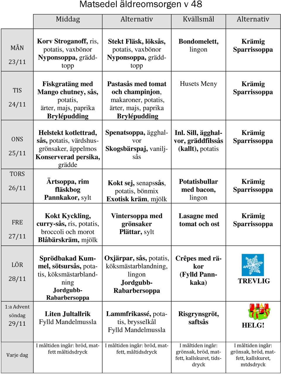 Meny ONS 25/11 TORS 26/11 Helstekt kotlettrad, sås, potatis, värdshusgrönsaker, äppelmos Konserverad persika, grädde Ärtsoppa, rim fläskbog Pannkakor, sylt Spenatsoppa, ägghalvor Skogsbärspaj,