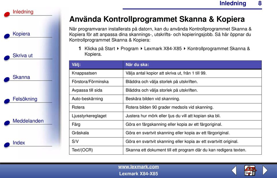 Förstora/Förminska Bläddra och välja storlek på utskriften. Avpassa till sida Auto-beskärning Rotera Ljusstyrkereglaget Färg Gråskala S/V Text/(OCR) Bläddra och välja storlek på utskriften.
