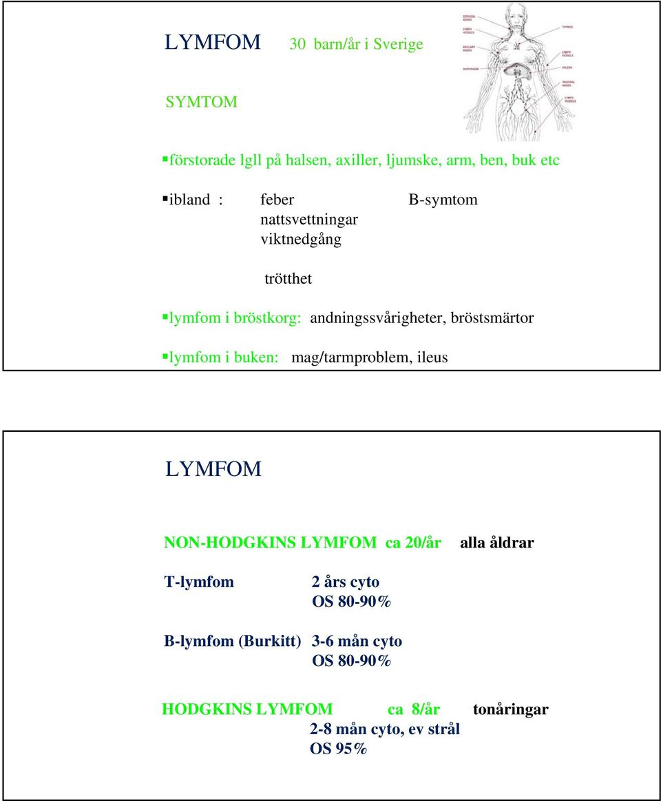 lymfom i buken: mag/tarmproblem, ileus LYMFOM NON-HODGKINS LYMFOM ca 20/år alla åldrar T-lymfom 2 års cyto