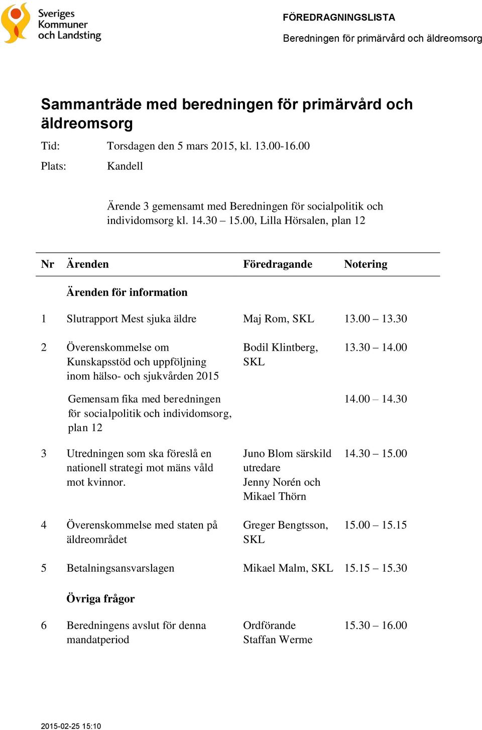 00, Lilla Hörsalen, plan 12 Ärenden för information 1 Slutrapport Mest sjuka äldre Maj Rom, SKL 13.00 13.