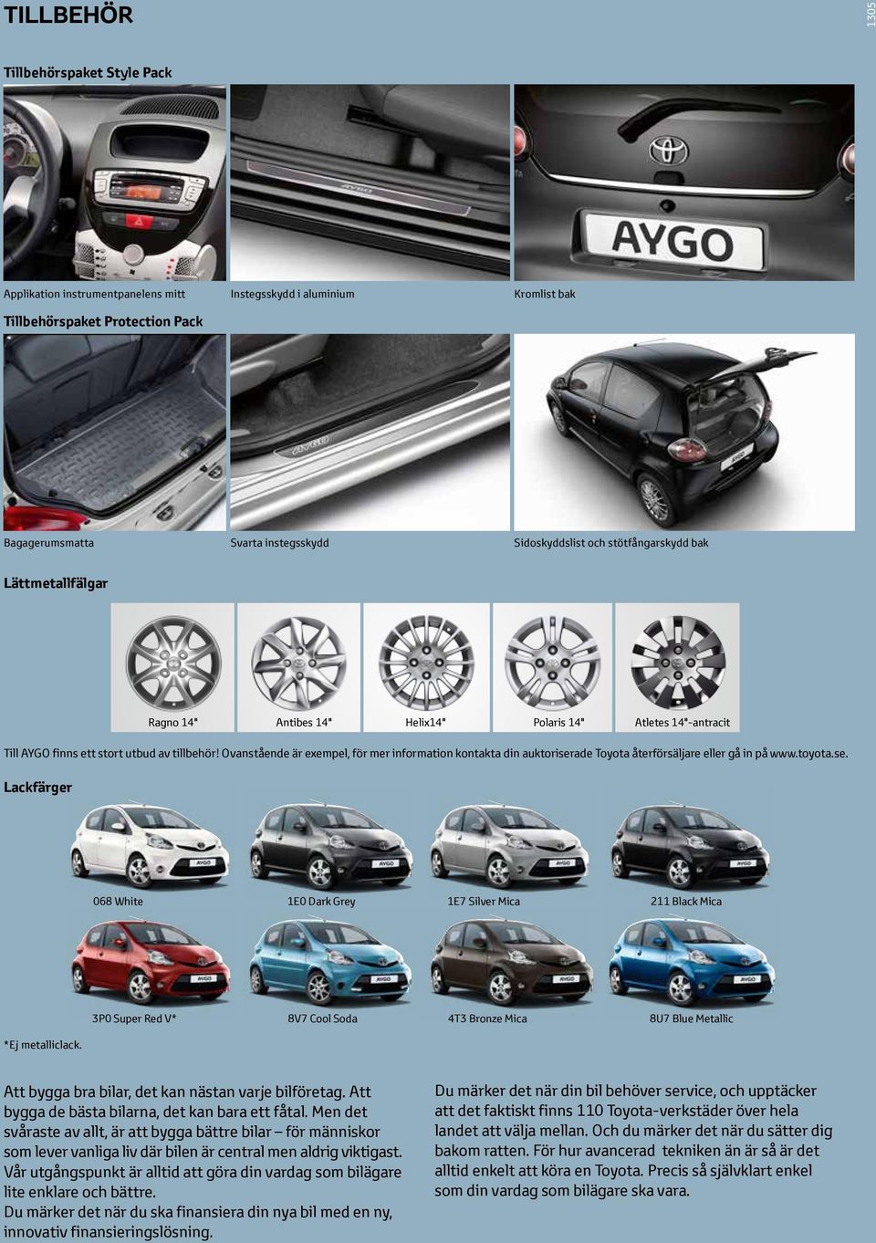 Ovanstående är exempel, för mer information kontakta din auktoriserade Toyota återförsäljare eller gå in på www.toyota.se. Lackfärger 068 White 1E0 Dark Grey 1E7 Silver Mica 211 Black Mica *Ej metalliclack.