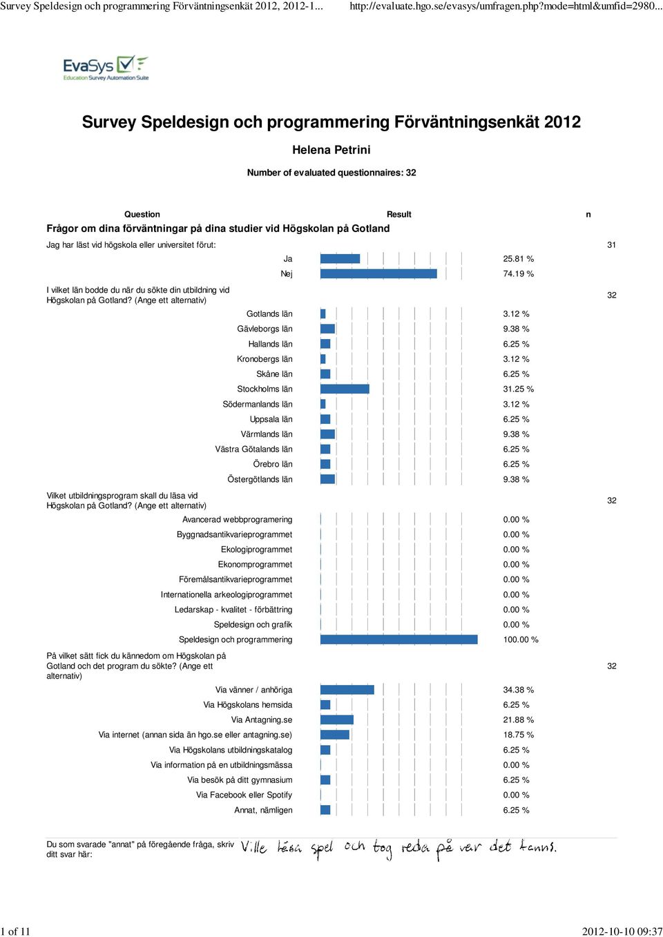 (Ange ett alternativ) Vilket utbildningsprogram skall du läsa vid Högskolan på Gotland? (Ange ett alternativ) På vilket sätt fick du kännedom om Högskolan på Gotland och det program du sökte?