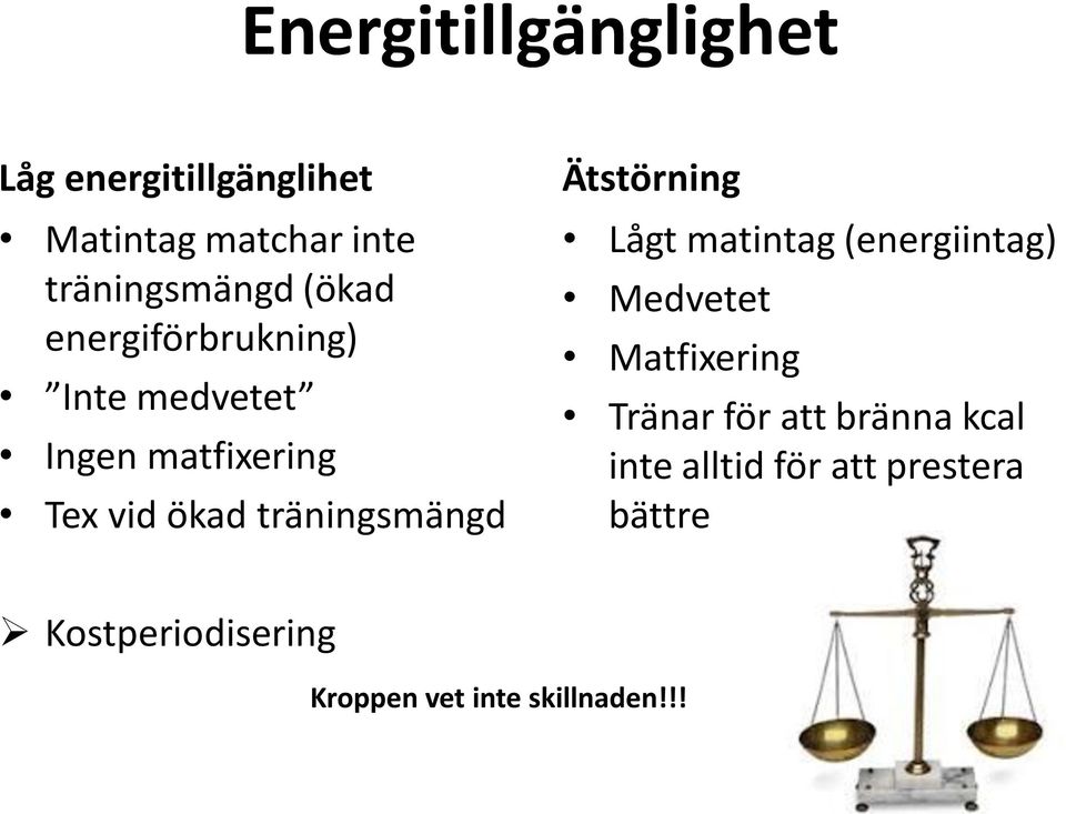 Ätstörning Lågt matintag (energiintag) Medvetet Matfixering Tränar för att bränna