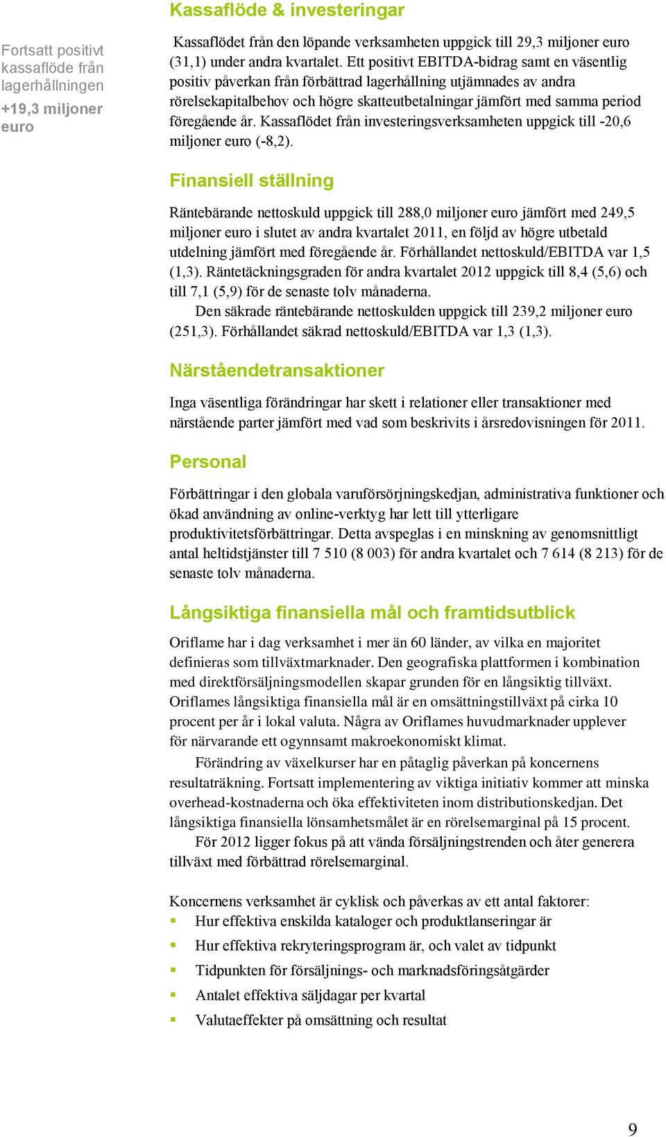 år. Kassaflödet från investeringsverksamheten uppgick till -20,6 miljoner euro (-8,2).