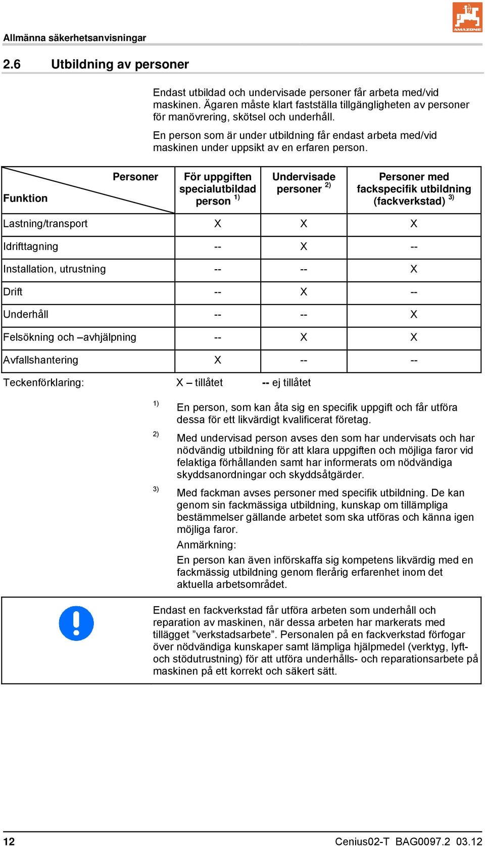 En person som är under utbildning får endast arbeta med/vid maskinen under uppsikt av en erfaren person.