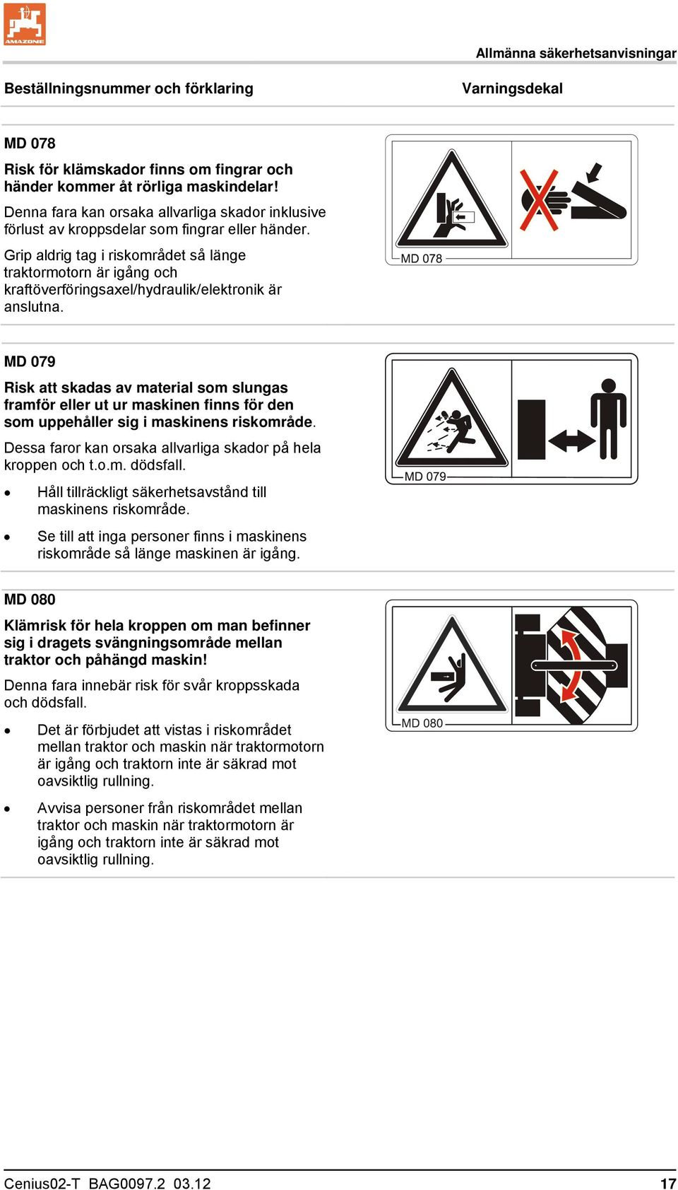 Grip aldrig tag i riskområdet så länge traktormotorn är igång och kraftöverföringsaxel/hydraulik/elektronik är anslutna.